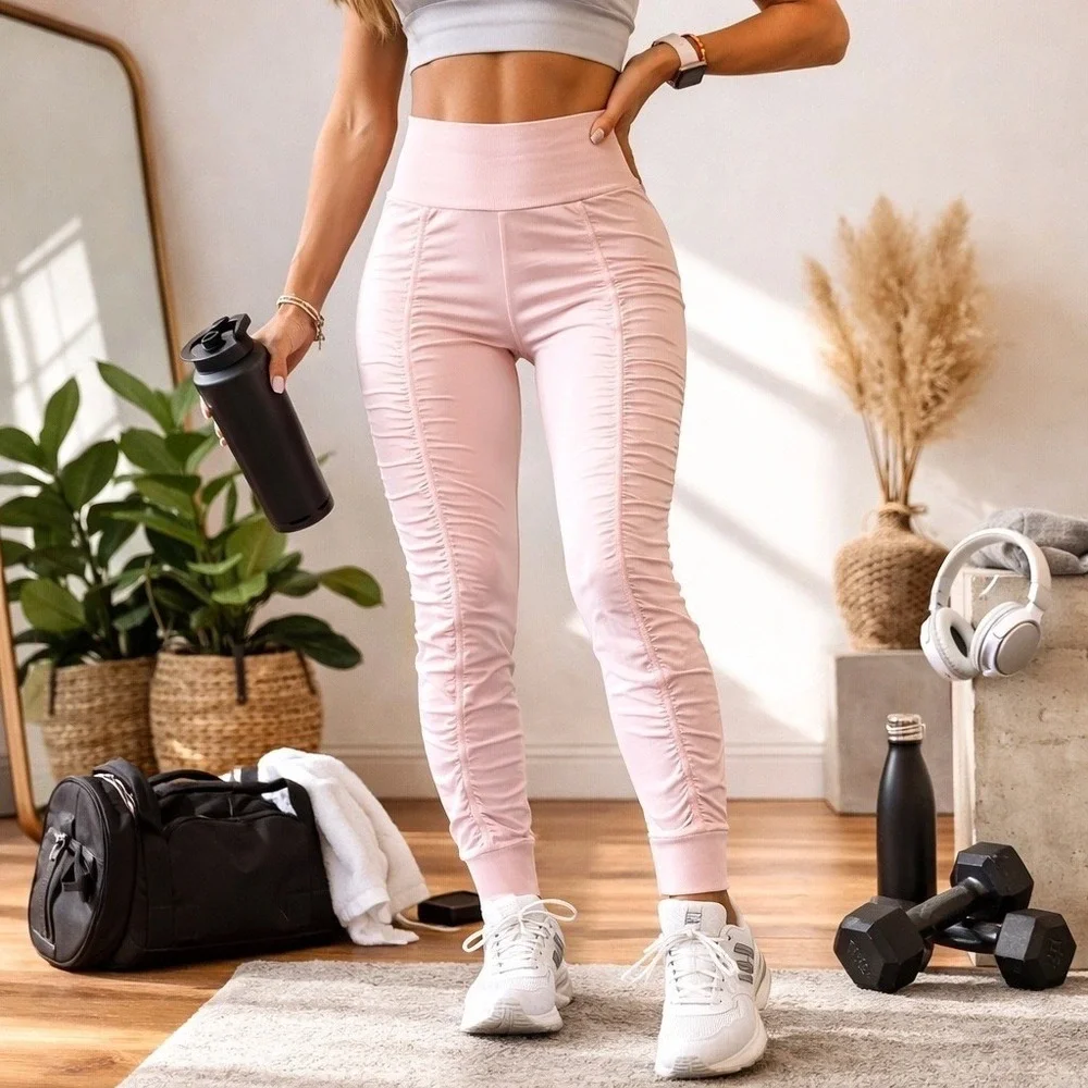 Lululemon Beyond the Studio Jogger Pink Pinstripe Ruched Pants LW5ENPS‎ Size 2